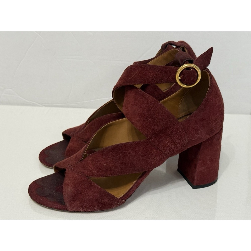 Chloe Burgundy Suede Block Heel Shoes Sandals Strappy size 7.5